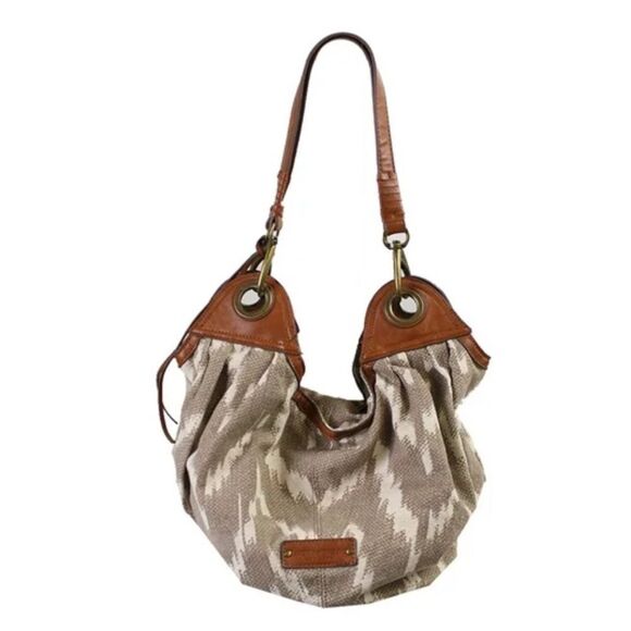 LUCKY BRAND Canvas Linen Ikat Boho  leather trim Shoulder Bag - Picture 1 of 9